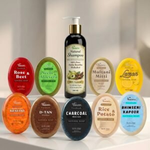 Vaidayu Natural Soap combo pack of 9 soaps with 1 Amla Reetha Shikakai Herbal Shampoo famili pack