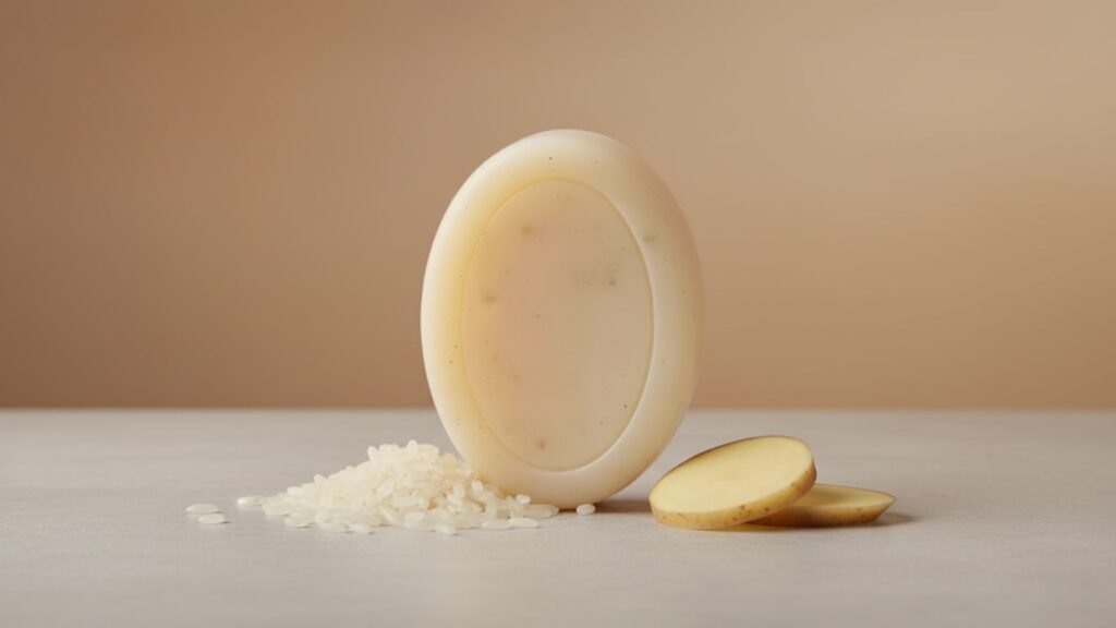 Handmade Vaidayu Rice and Potato Soap bar showing real ingredients for skin brightening.