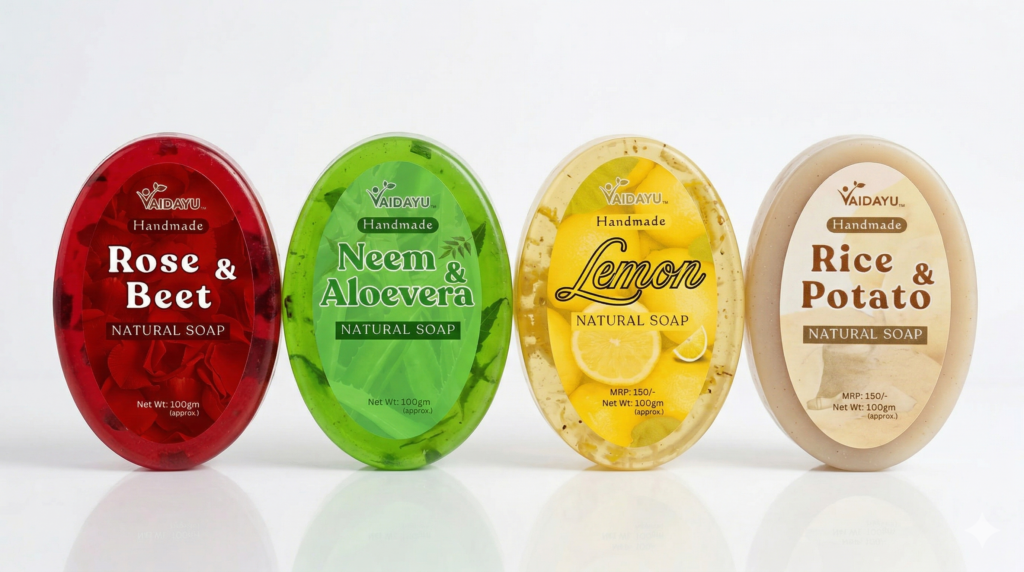 A stack of transparent Vaidayu glycerin soaps showing their clarity and natural ingredients.