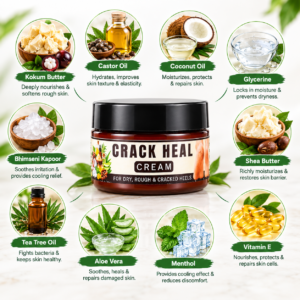 Ayurvedic ingredients of VAIDAYU crack heal cream including kokum butter, shea butter, tea tree oil, and bhimseni kapoor